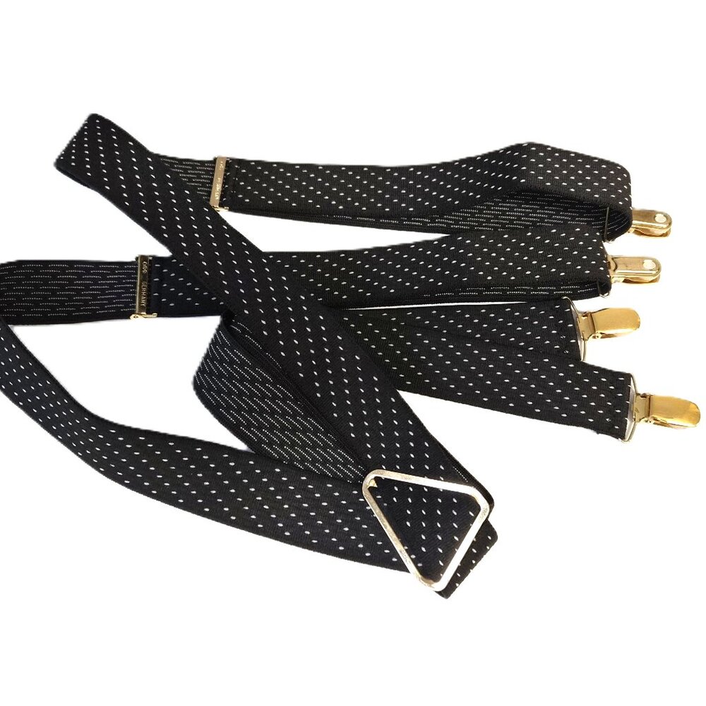 Vintage 80s CAS Germany Suspenders Black&White Polka Dot, Gold Hardware X‑Back